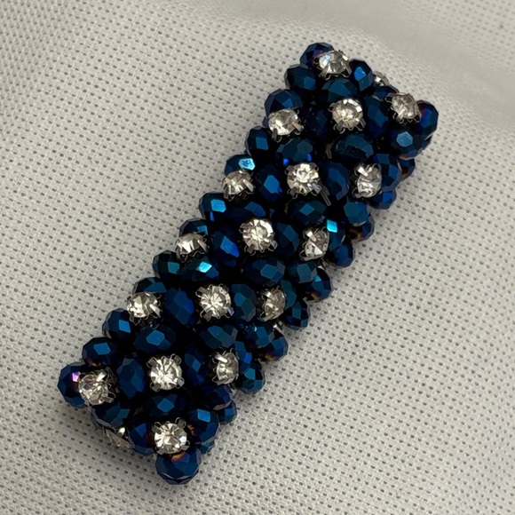 Dazzling Sapphire Blue Beaded Sparkling Elastic Bracelet, Rhinestone Jewelry - Picture 3 of 6